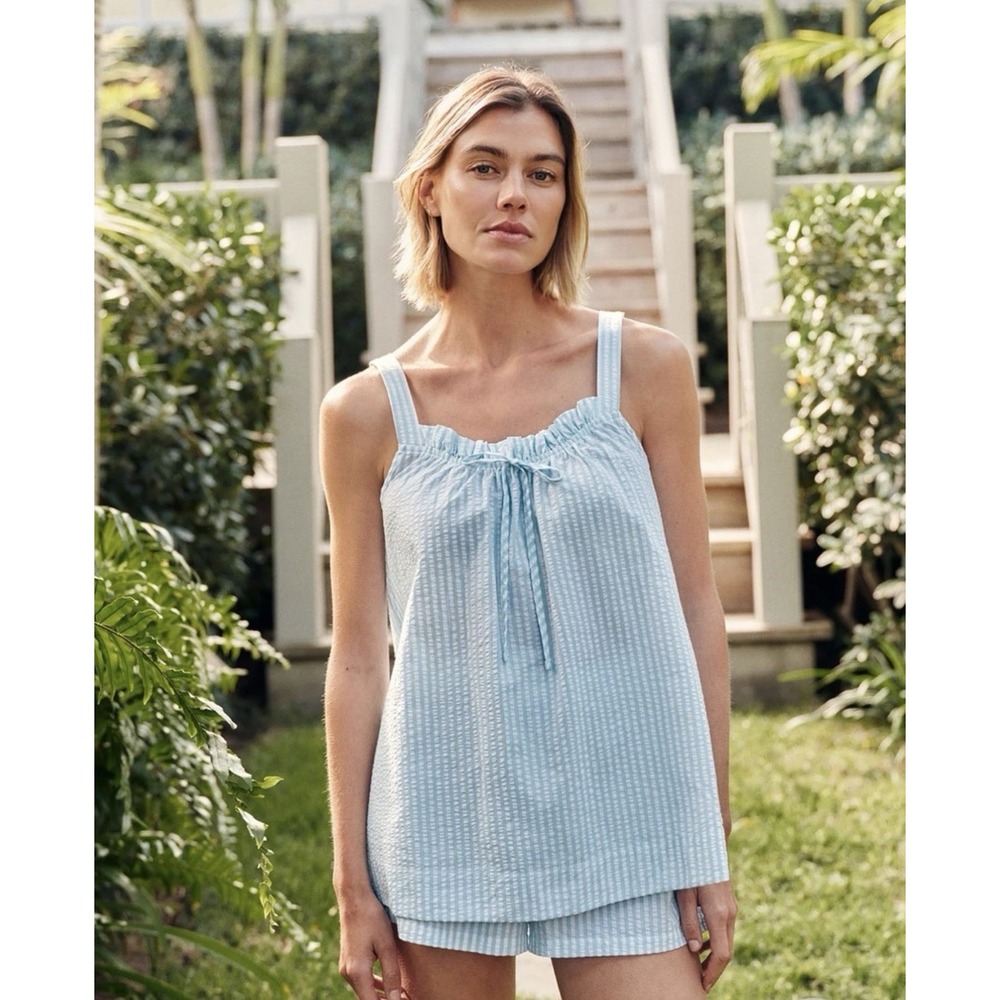 Lake Size L Pajama Set Seersucker Alice Blue White Striped Shorts Cottage Cotton